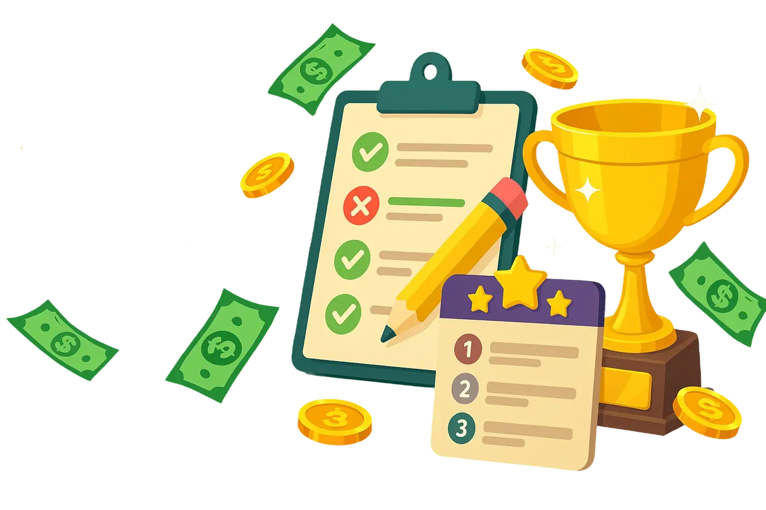Quiz platform illustration with trophy, checklist, and rewards